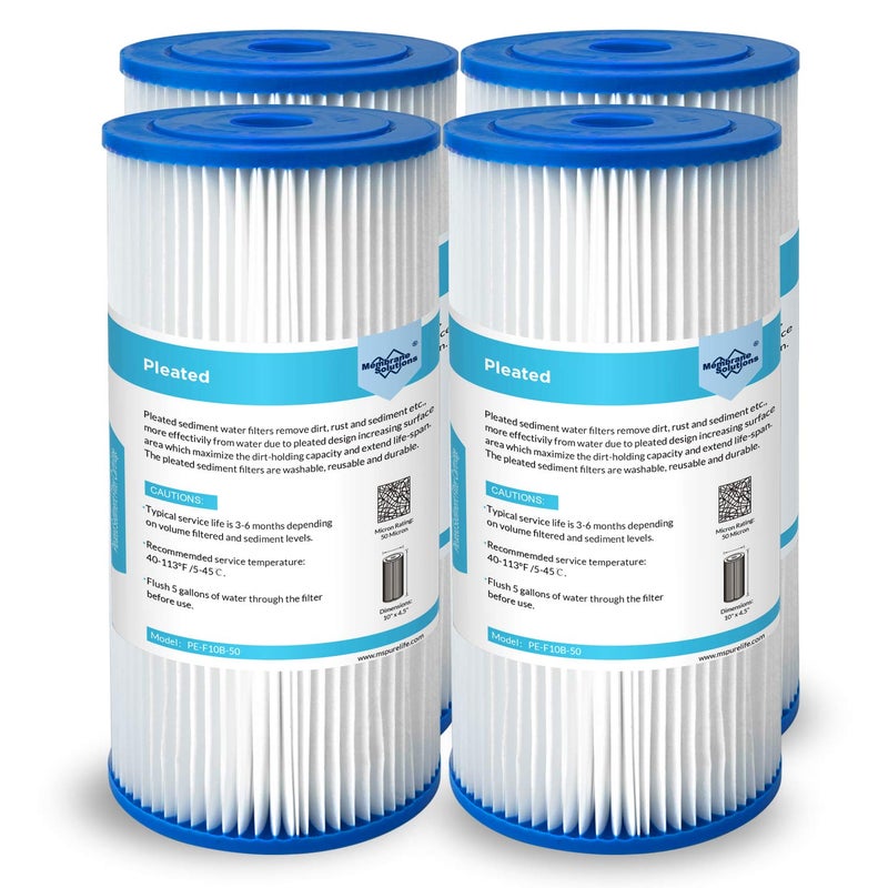 Membrane Solutions 50 Micron Pleated Water Filter Home 10"x4.5" Whole House Heavy Duty Sediment Replacement Cartridge Compatible with ECP10-1,ECP20-BB,R50-BBSA,FXHSC,CB1-SED10-BB (4 Pack) - Image 1